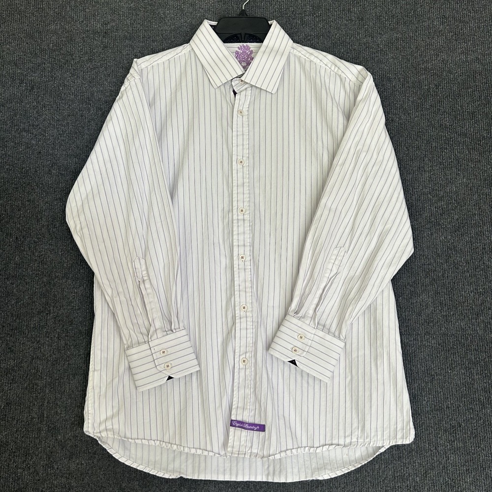 English Laundry Men's Long Sleeve Purple White Stripe Button Down Flip Cuff